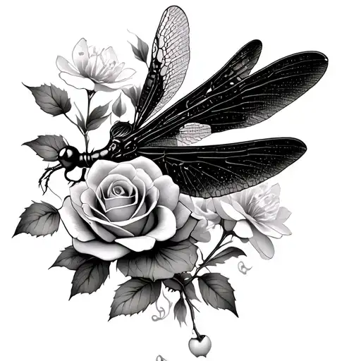 Gothic Style Small Dragonfly Perched Roses And Cherry Blossoms