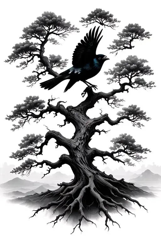 Black Tree With Crow Flying