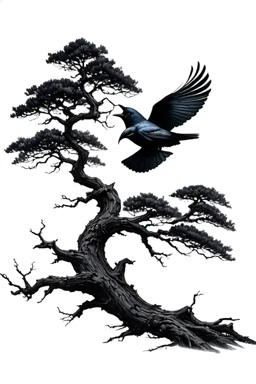 Black Tree With Crow Flying