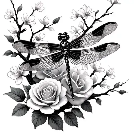 Gothic Small Dragonfly Merged With Roses And Cherry Blossom Tree