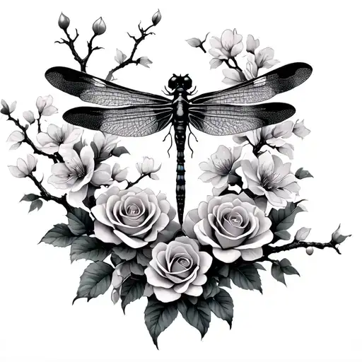 Gothic Side Of Dragonfly Merged With Roses And Cherry Blossom Tree