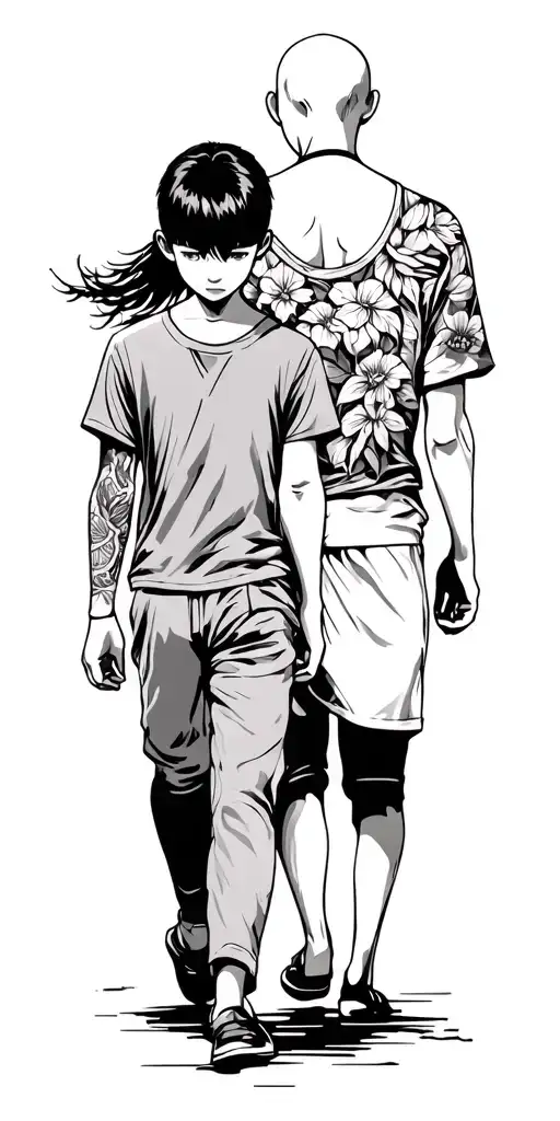 Tattoo Design Black Ink Boy And Dad Walking Along Dad Bald Boy Shoulder Long Hair Japeneese Garden