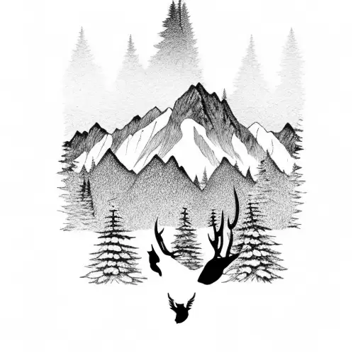 Mountain With Forest With Deer
