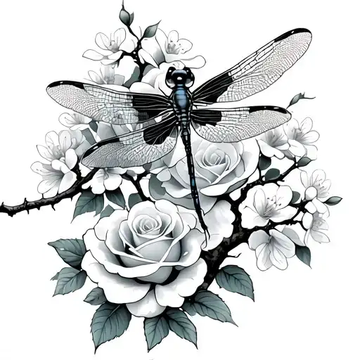 Dragonfly Perched Onroses And Cherry Blossom Tree Intertwined