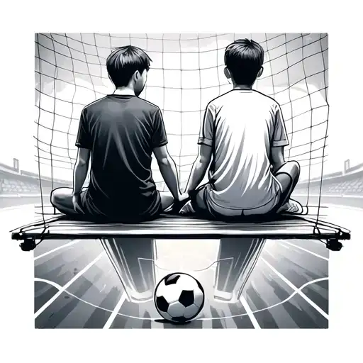Soccer Field Suspended Above The Void With An Adult And A Child Sitting Side By Side
