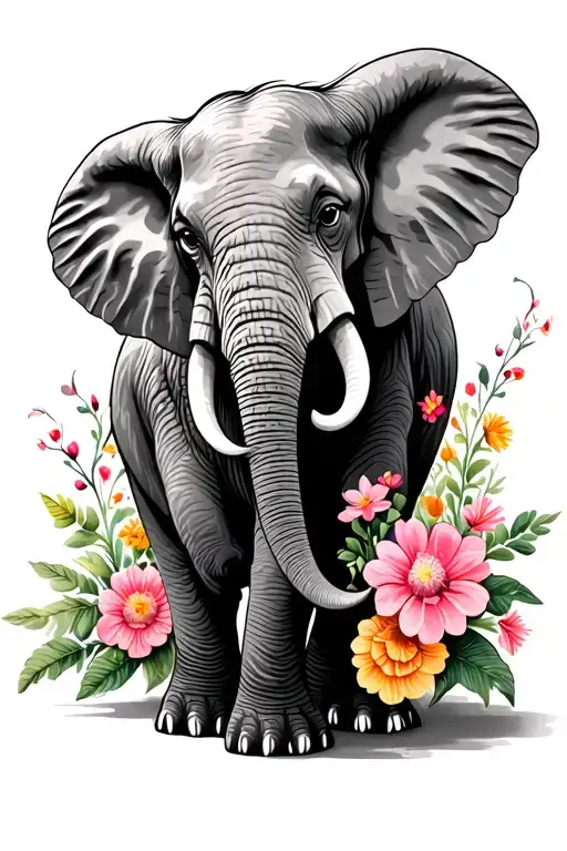 Elephant Standing With Flowers