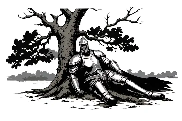 Knight Resting In Full Armor Against A Tree