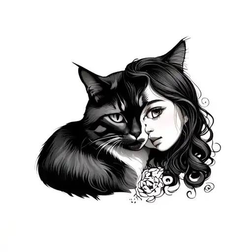 A Girl Faced To Her Cat Curled