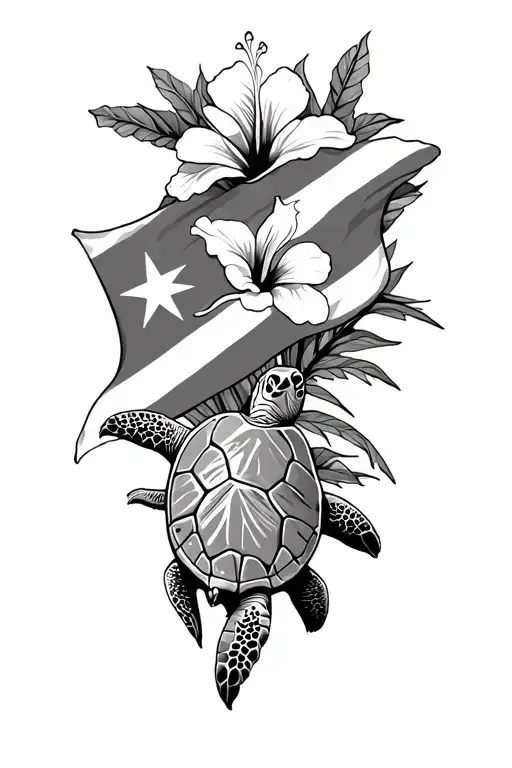 Puerto Rican Flag With Hibiscus Flower And Sea Turtle