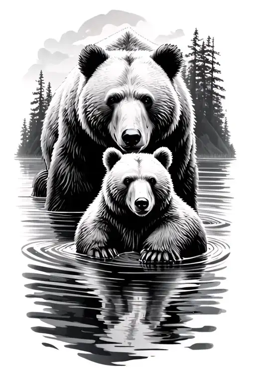 Small Bear In A River And In Water Mirror A Big Bear To Protect The Small