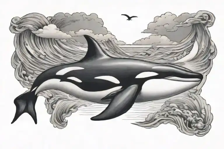 Realistic Tattoo Of An Killer Whale Swimming Near A Baby Turtle In The Sky