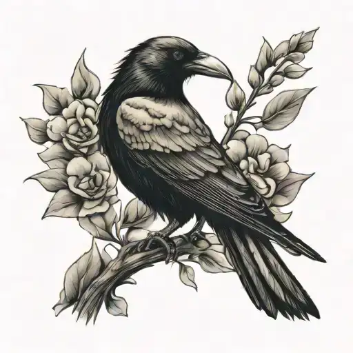 Crow Sitting On Flower Branch With Crow Flying Away