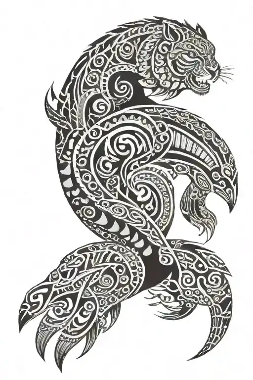 A Maori-inspired Tattoo Featuring A Mix Of Native Animals In A Tribal Style