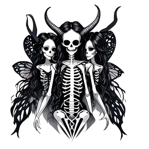 Geometric Skeleton Tattoo Sketch Of Fairies With Horns