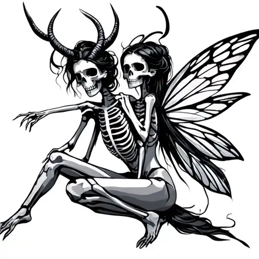 Geometric Skeleton Tattoo Sketch Of Fairies With Horns