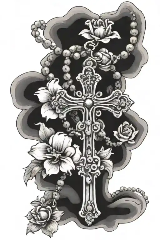 A Cross With Flowers And A Rosary Wrapped Together