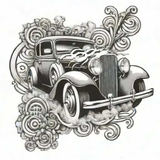 A Tattoo Design Featuring A Vintage Car With Smoke Forming Into Musical Symbols