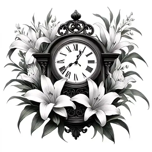 Grandfather Clock And Lillies Flowers