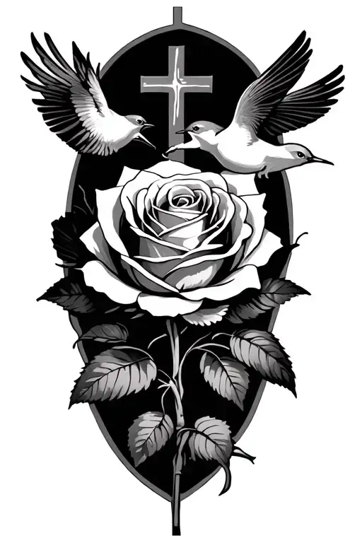 A Rose With Swallows And A Cross In The Background