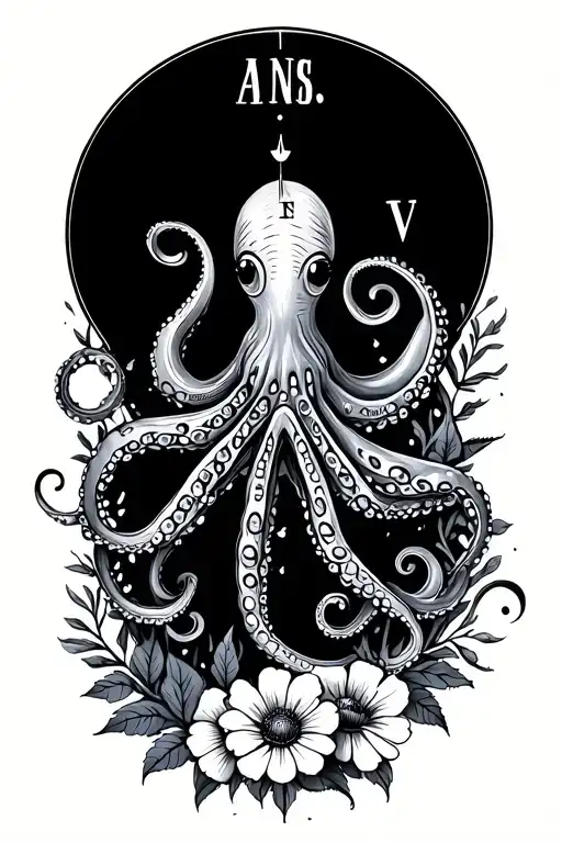 Compass Fine Line With Flowers And A Cute Octopus