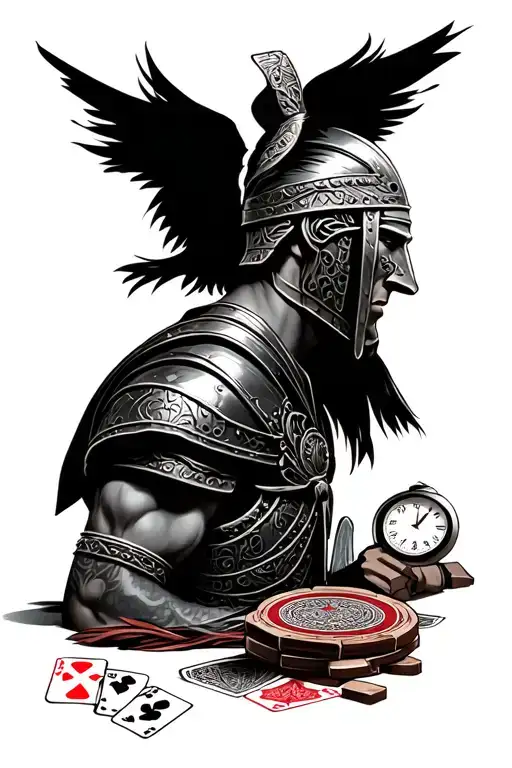 Gladiator Side View With Playing Cards And A Clock