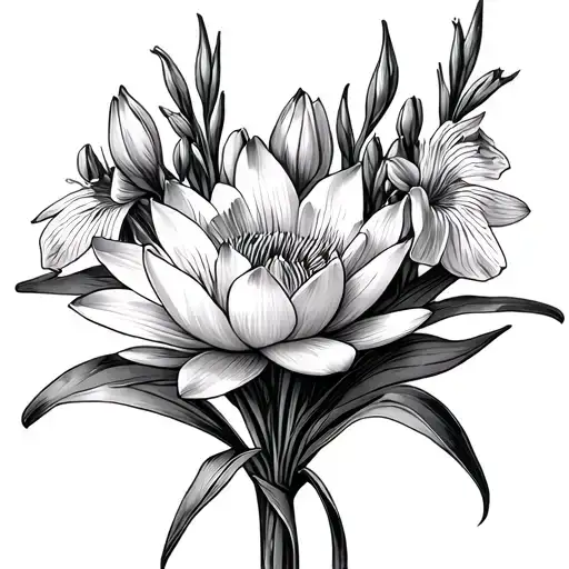 Iris Flower With Water Lily And Larkspur Bouquet