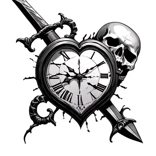 Skulls Swords Clock Broken Heart