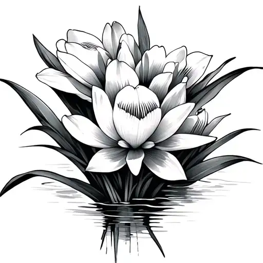 Iris Flower With Water Lilly And Narcissus Flower Bouquet