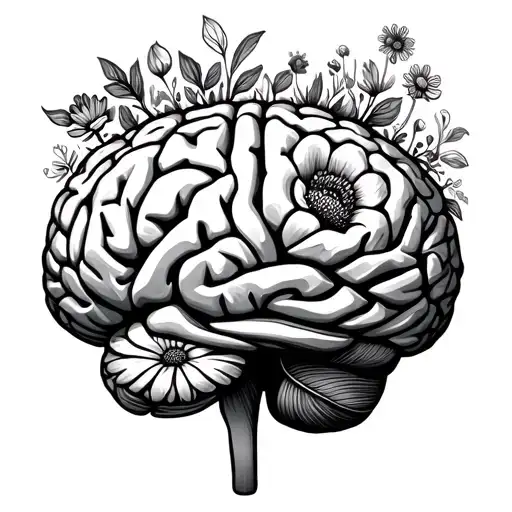 A Line Drawn Brain Made Of Flowers