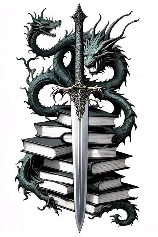 A Sword With Vines Running Up It Surrounded By Books With Dragons