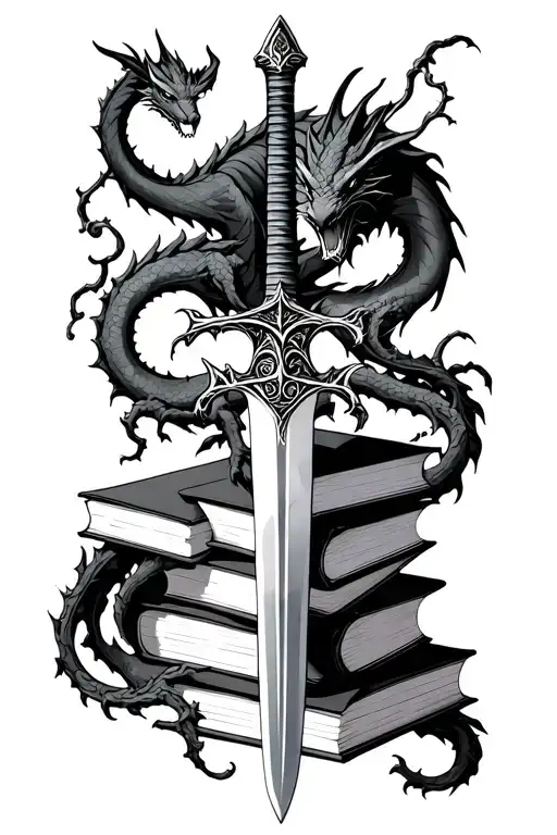 A Sword With Vines Running Up It Surrounded By Books With Dragons