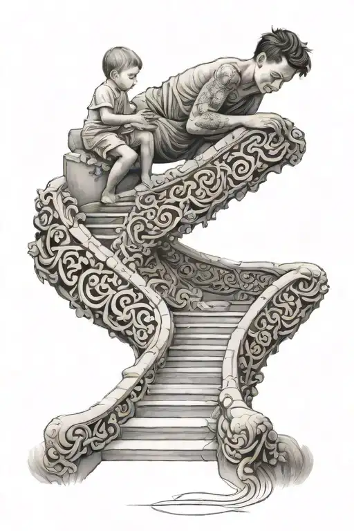 Winding Staircase To Heaven With Little Boy Kneeling And Praying In Front