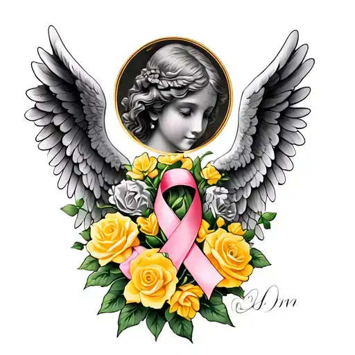 Memorial Tattoo For My Mother With Angel Wings Yellow Roses And Breast Cancer Ribbon