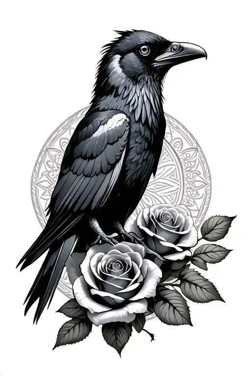 Raven With Black And Grey Roses And A Mandala In The Background
