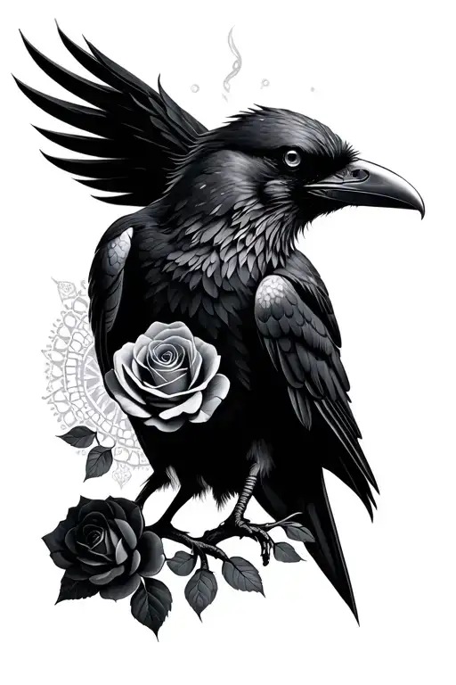 Raven With Black And Grey Roses And A Mandala At The Top