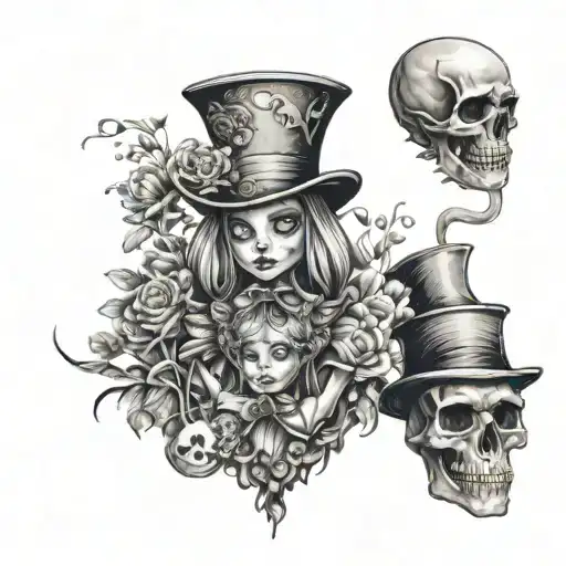 A Creepy Version Of Alice In Wonderland With Horror Elements Like Skulls And Dark Flowers