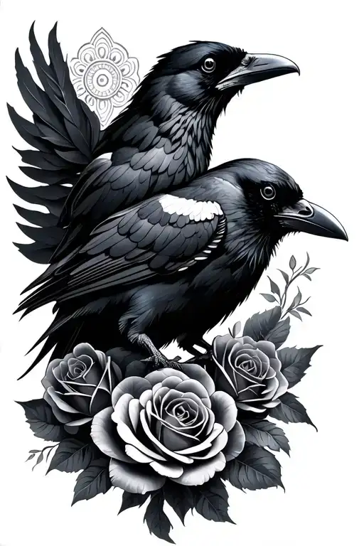 Raven With Black And Grey Roses And A Mandala Above The Raven