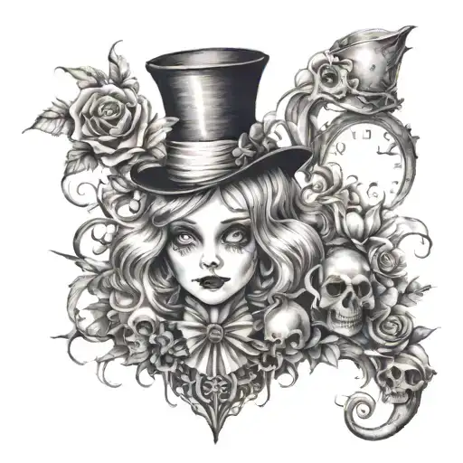A Creepy Version Of Alice In Wonderland With Horror Elements Like Skulls And Dark Flowers
