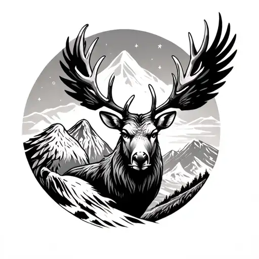 Reindeer And An Eagle In A Mountain