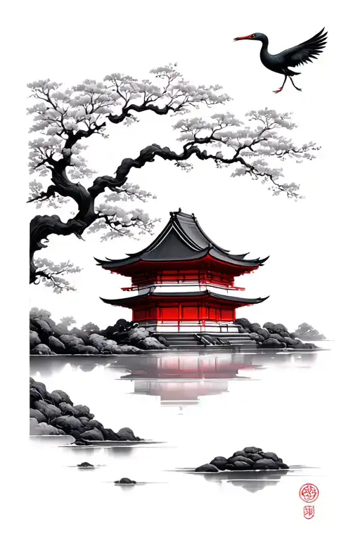 Crane Sakura Tree And Japanese Temple