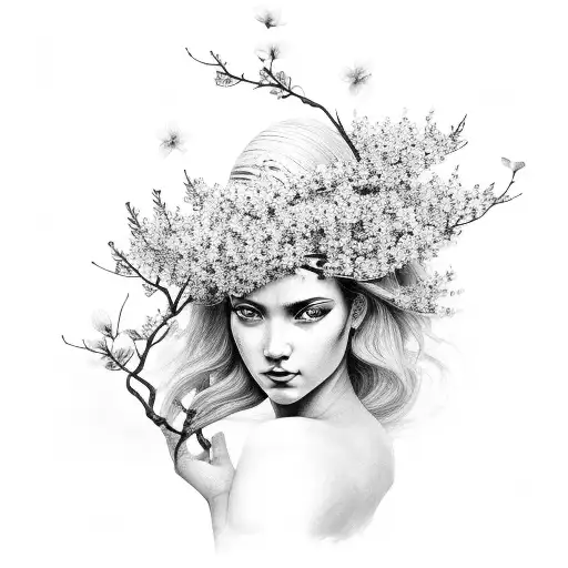 A Black And Grey Portrait Of A Greek Goddess Surrounded By Cherry Blossom Petals