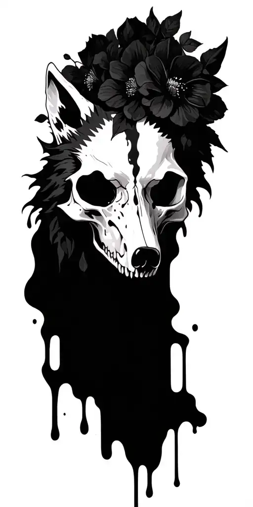 Wolf Skull With Blood And Flowers