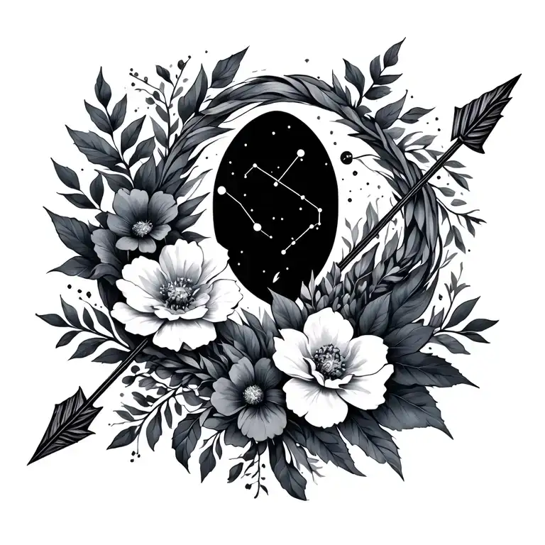 Sagittarius Arrow With Flowers And Constellation Intertwined
