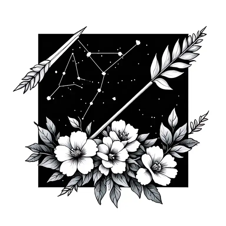 Sagittarius Arrow With Flowers And Constellation Intertwined Simple Design