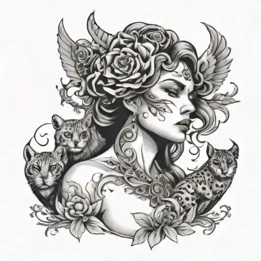 A Black And Grey Tattoo Of A Powerful Female Figure Surrounded By Animal Motifs