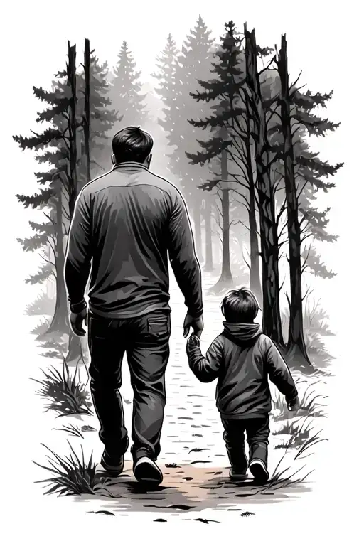 Father And Son Walking In The Woods 2 Adults