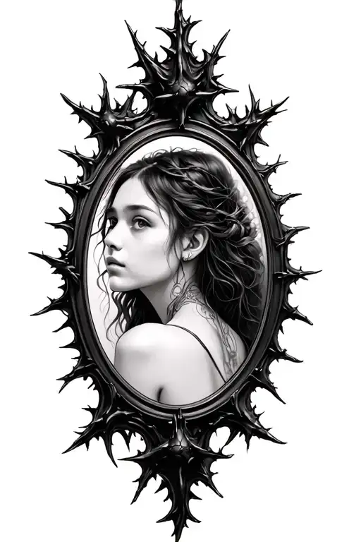Thorny Frame As A Round Mirror There Is A Reflection Of A Girl