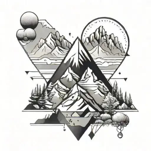 A Geometric Mountain Range Tattoo With Hidden Symbols Representing Happiness And Nature
