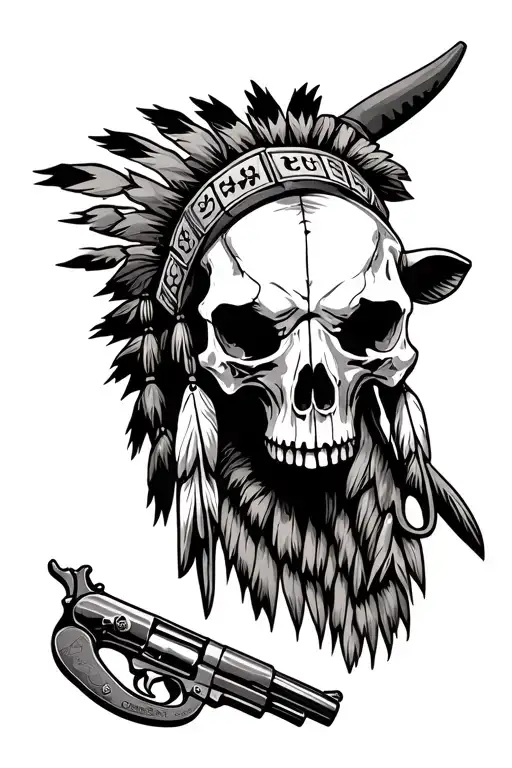 Native American Skull And Bull Skull Totem Pole With Western Revolvers Under The Pole