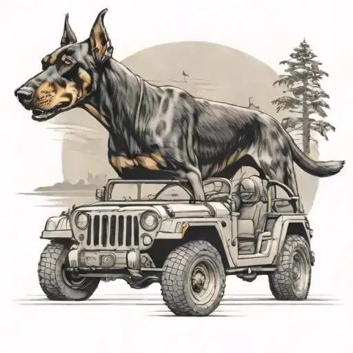 A Realistic Doberman Driving A Jeep In A Military Setting